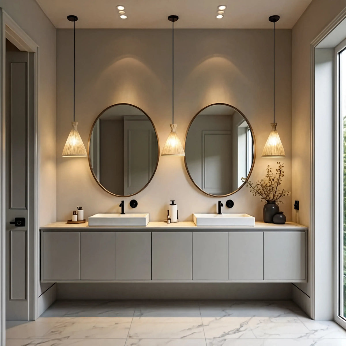 Hydra rattan cone pendant light – shown in a bathroom (2)