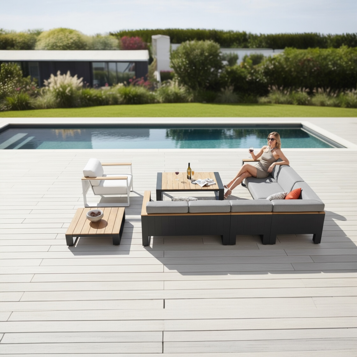 Sofy aluminum and teak modular outdoor sectional – shown outdoors