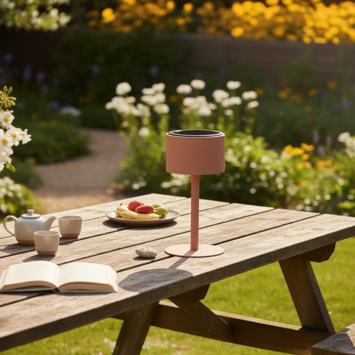 Arlo Round red aluminum solar lamp – shown outdoors