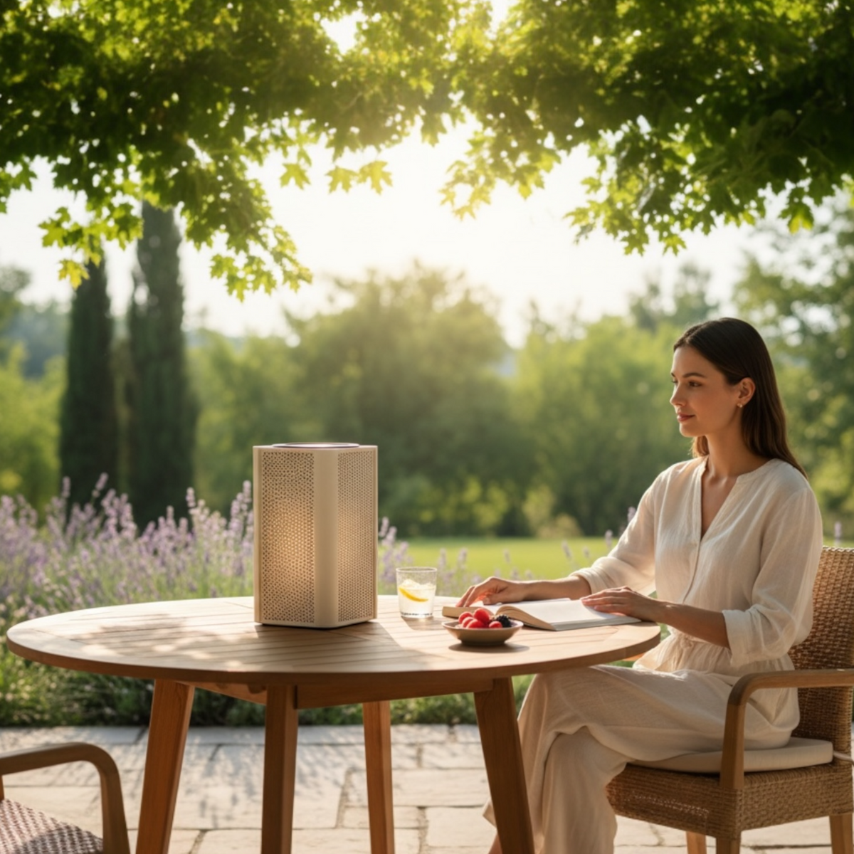 Arlo Cube beige aluminum solar lamp – shown outdoors (2)