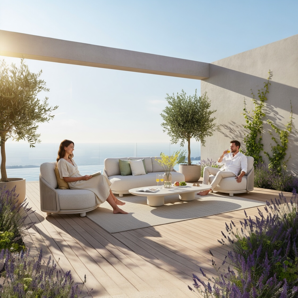 Aura beige rope outdoor lounge set with free-form ceramic coffee table – shown outdoors (2)