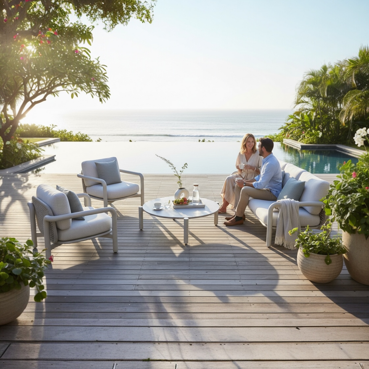 Amaia aluminum and rope patio set with cylindrical sofa and ceramic table – shown outdoors (2)