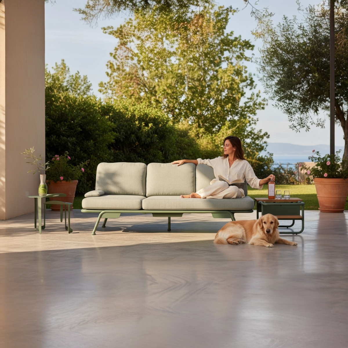Sunny green convertible aluminum outdoor sofa lounger – shown outdoors