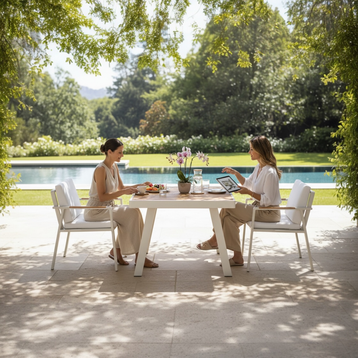Noffy compact square aluminum and teak dining set for four – shown outdoors (2)