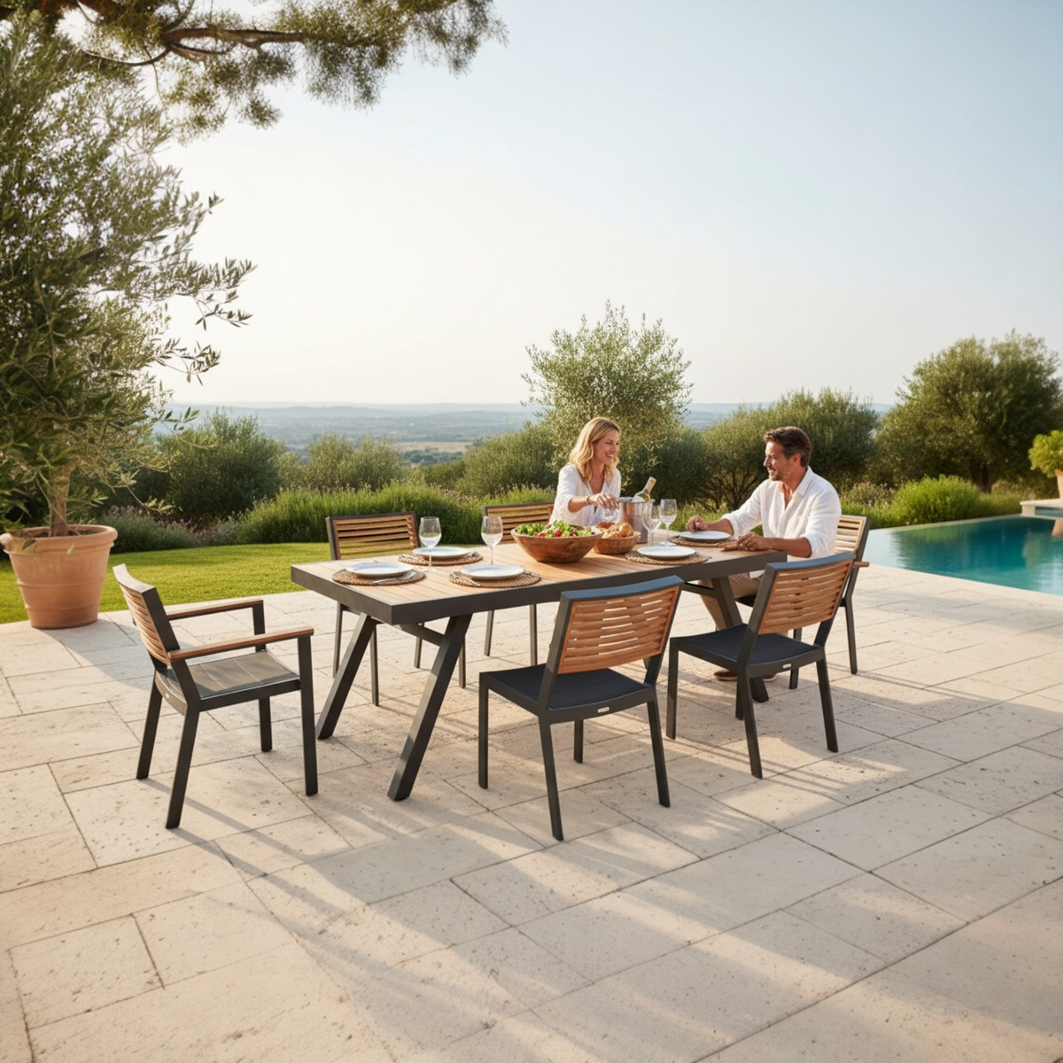 York black aluminum and teak dining set for six, 200 x 90 cm table – shown outdoors