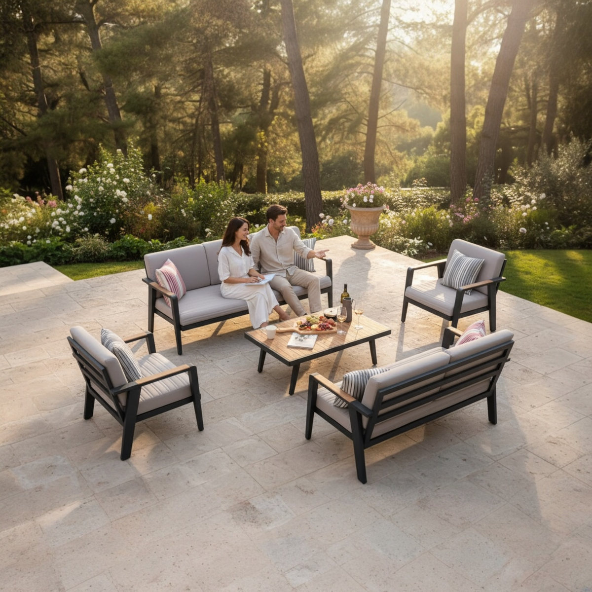 Lovy XL 7-seat aluminum and teak patio set with taupe cushions – shown outdoors (2)