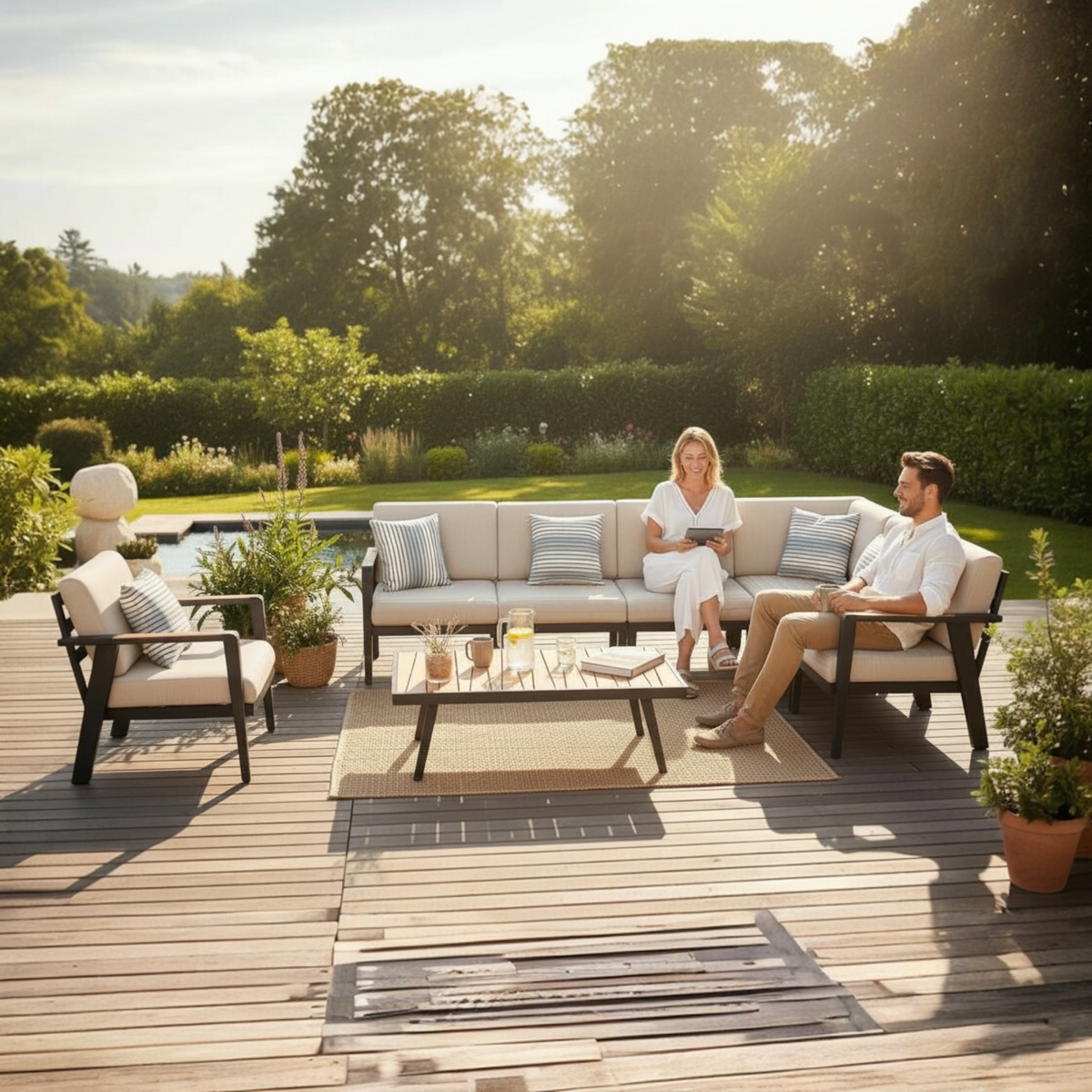 Lovy Cosy Plus 7-piece aluminum and teak outdoor sectional – shown outdoors (2)