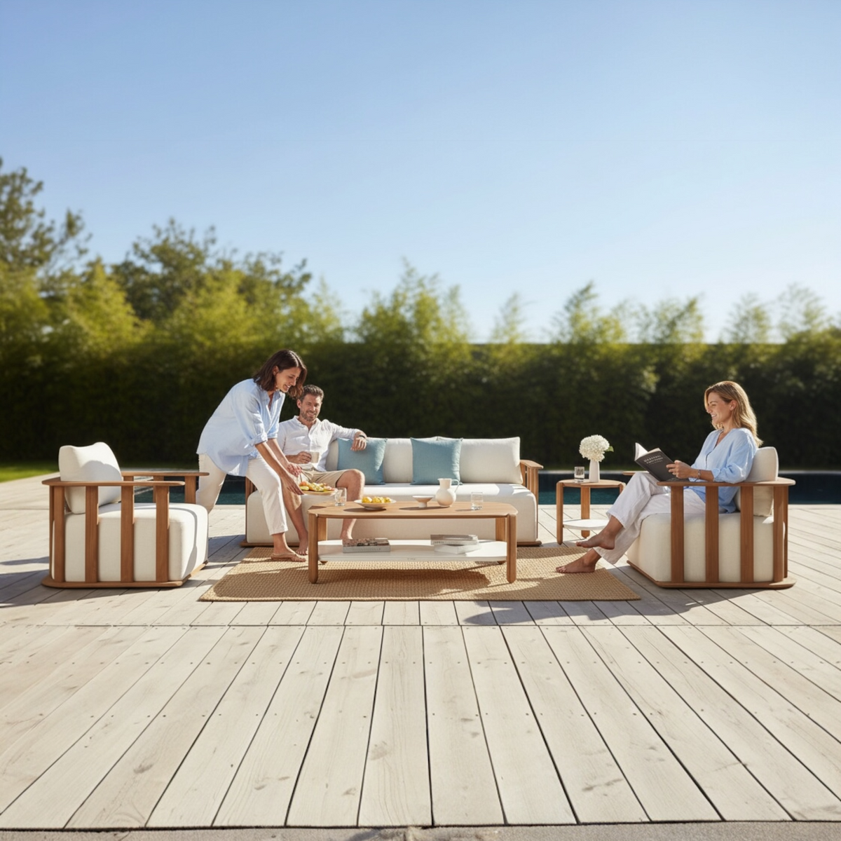 Roma 5-seat slatted solid teak outdoor sofa set with coffee table – shown outdoors
