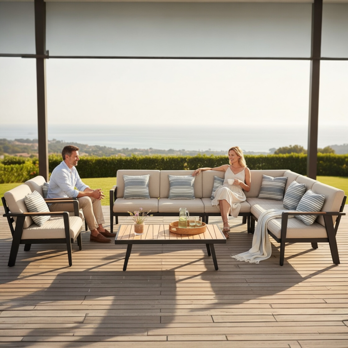 Lovy Cosy Plus 7-piece aluminum and teak outdoor sectional – shown outdoors