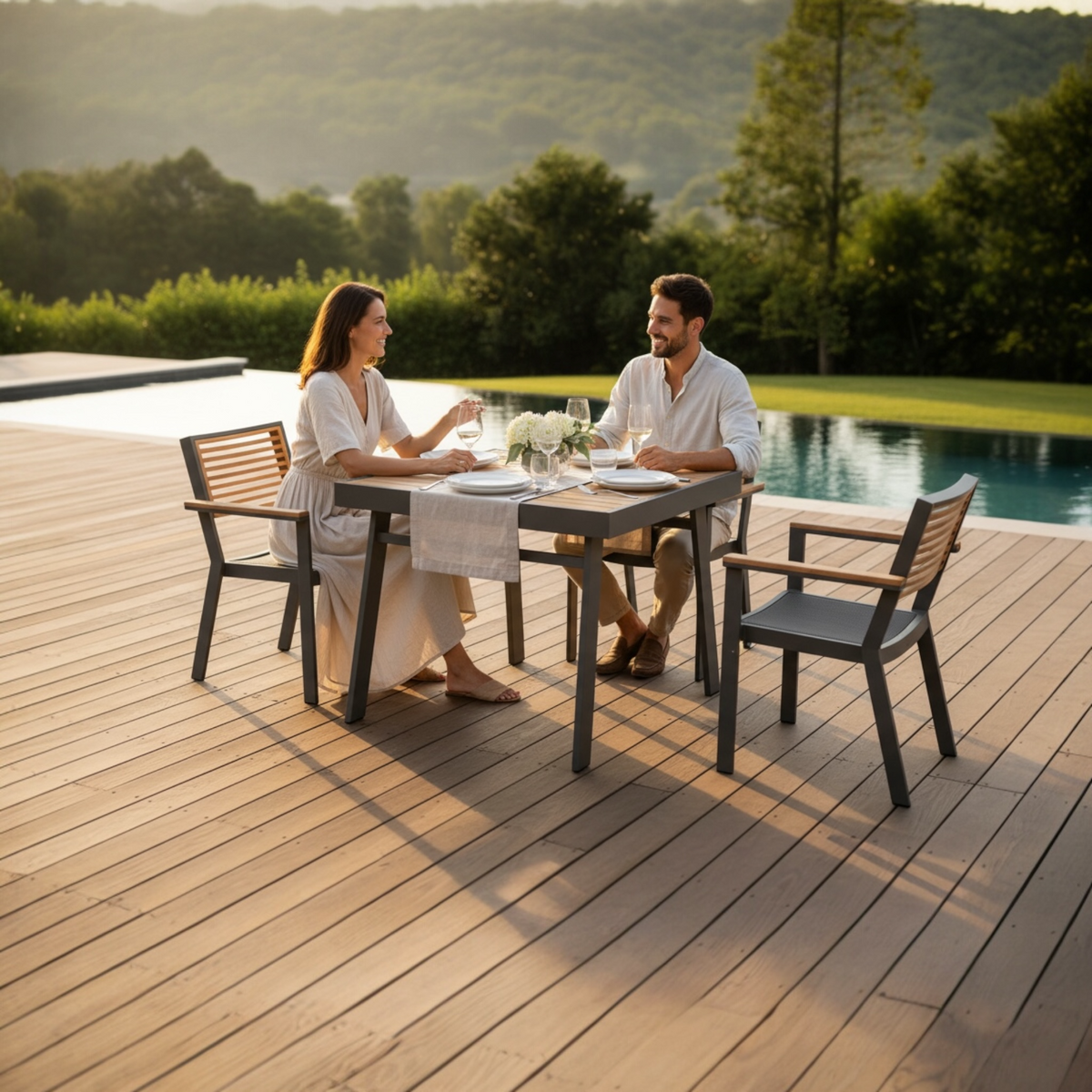 York black aluminum and teak bistro dining set for four – shown outdoors (2)