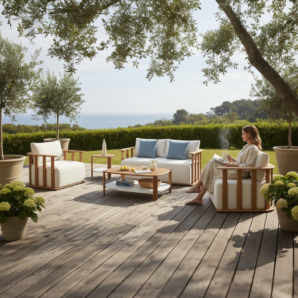 Roma 4-seat solid teak patio set with slatted palisade backs – shown outdoors (2)