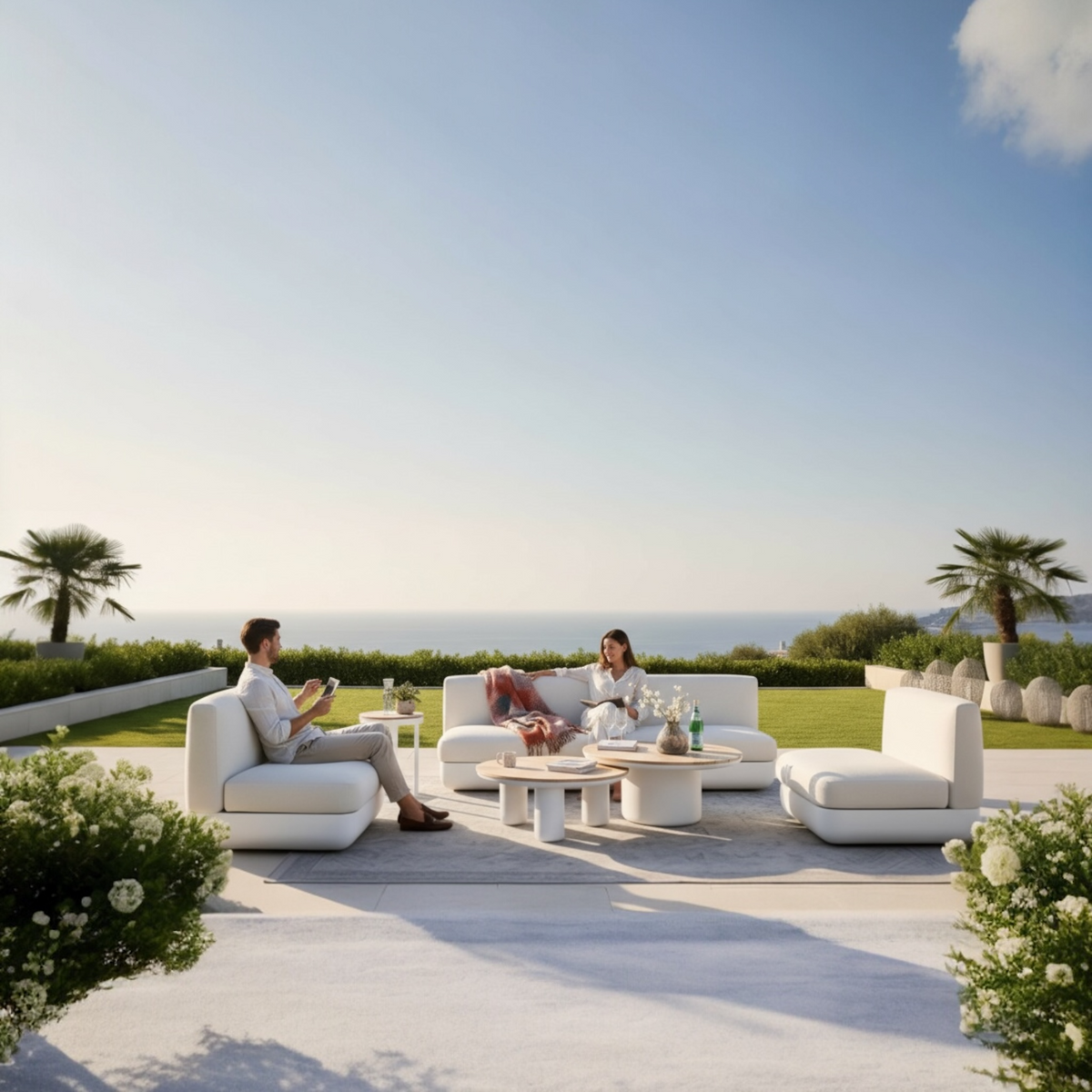 Mae curved white aluminum patio set with teak-top coffee table – shown outdoors