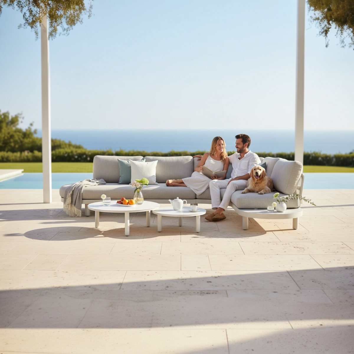 Alba white aluminum corner sofa set with ceramic and aluminum coffee tables – shown outdoors (2)