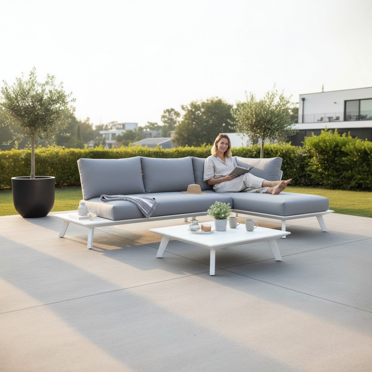 Tiny Mini white modular corner sofa – shown outdoors (2)