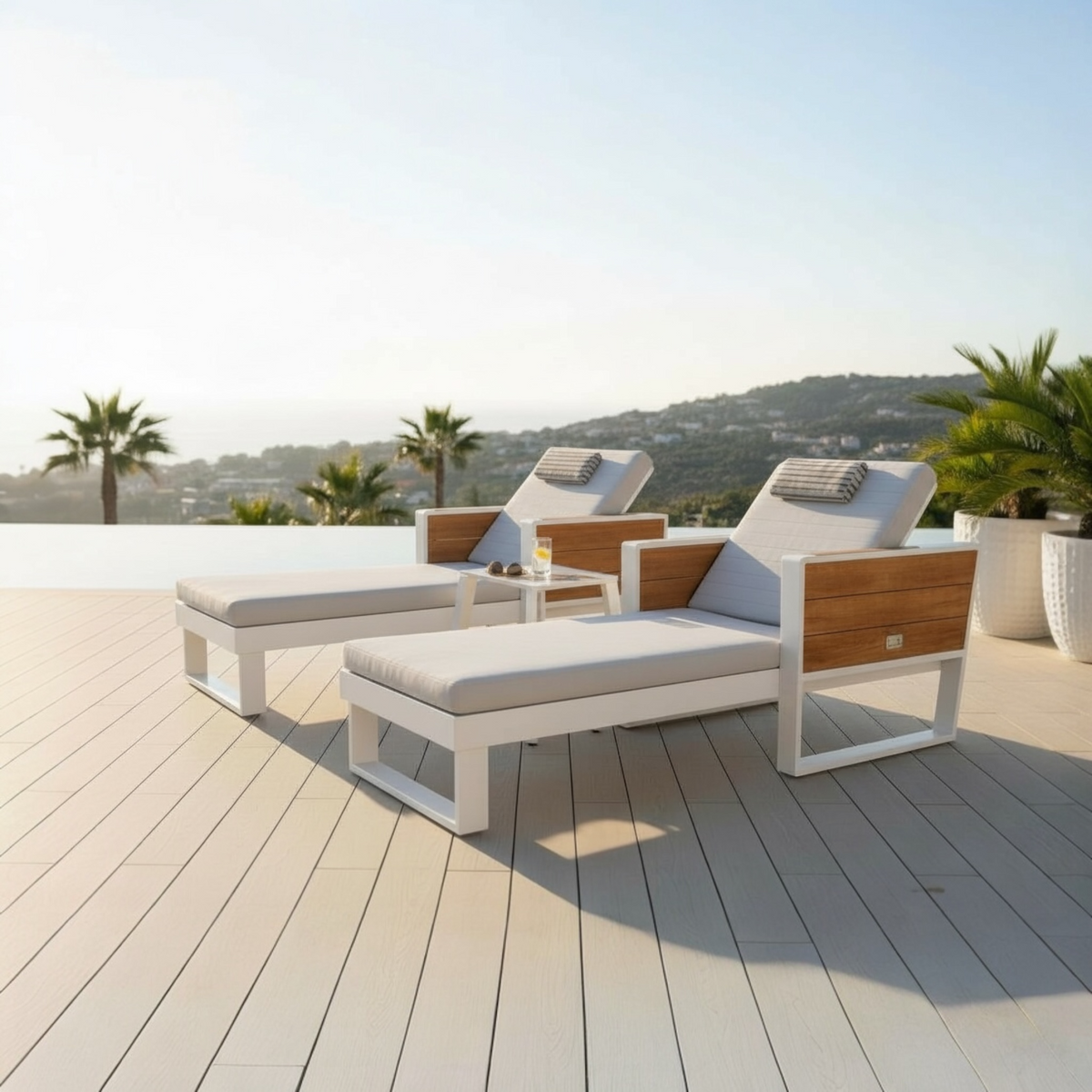 York white aluminum and teak chaise lounges, set of 2, beige cushions – shown outdoors