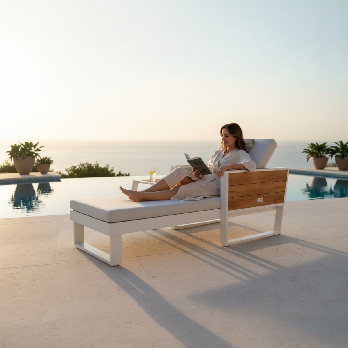 York white aluminum and teak chaise lounges, set of 2, beige cushions – shown outdoors (2)