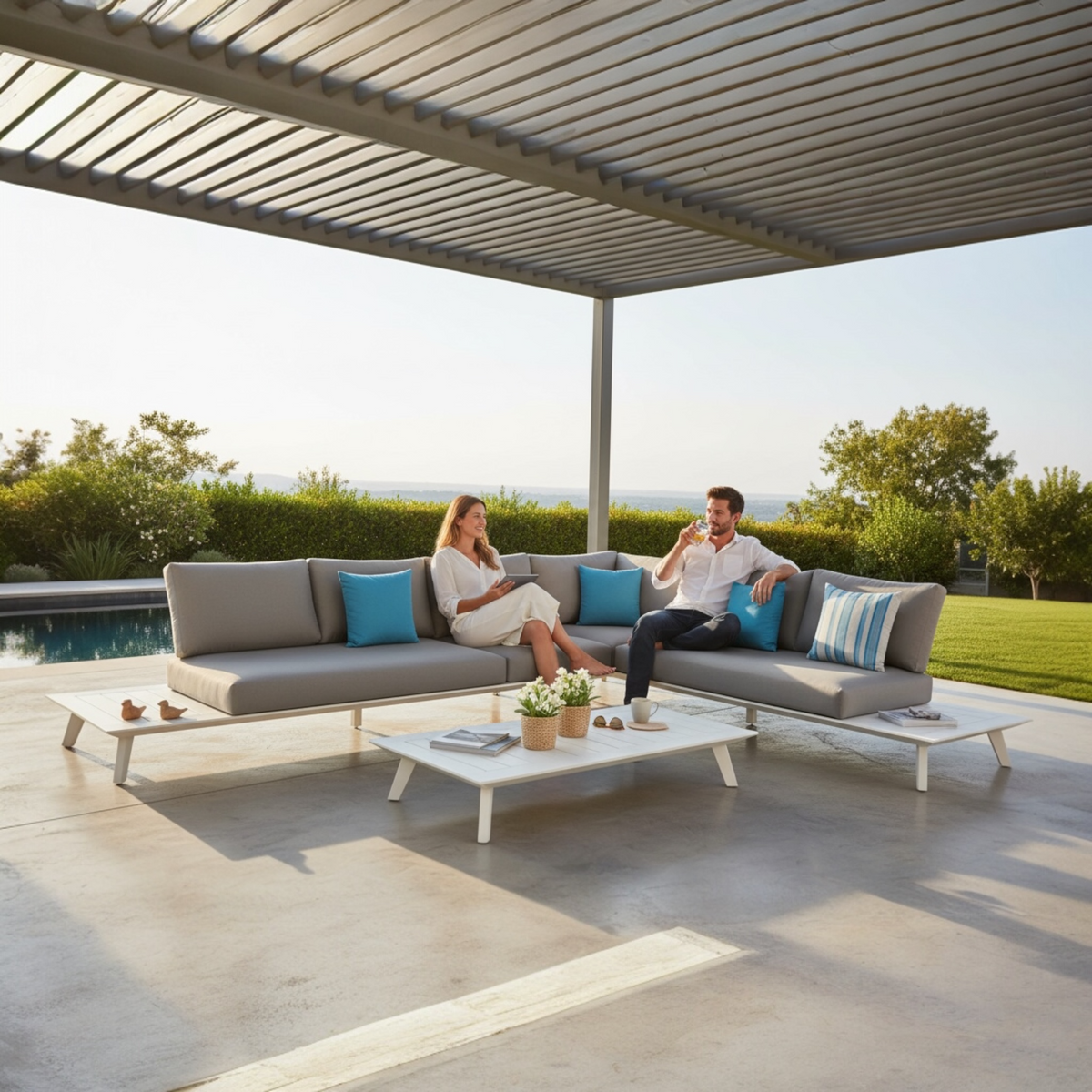Tiny 6-seat white modular aluminum outdoor sofa – shown outdoors (2)