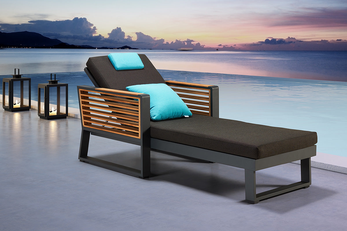 Cofy cushioned aluminum and teak chaise lounge – shown outdoors (4)