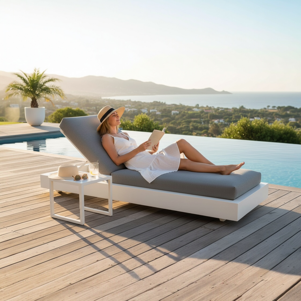 Como Bed white aluminum sunbed with high-density mattress – shown outdoors