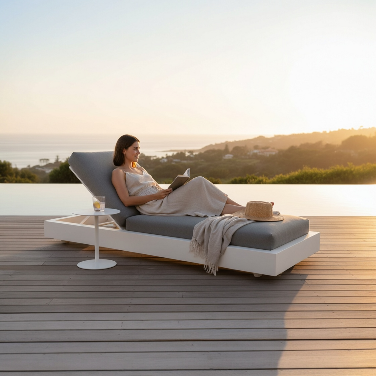 Como Bed white aluminum sunbed with high-density mattress – shown outdoors (2)