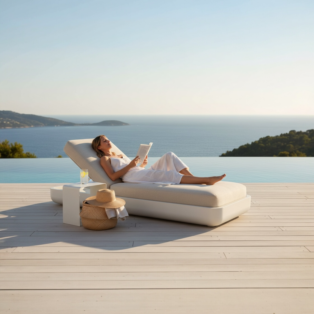 Mae curved white aluminum chaise lounge – shown outdoors (2)