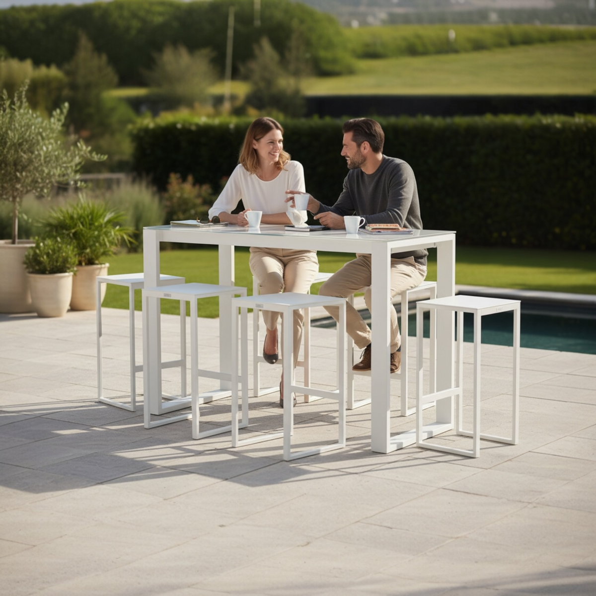 Como white aluminum bar-height patio set with six stools – shown outdoors (2)