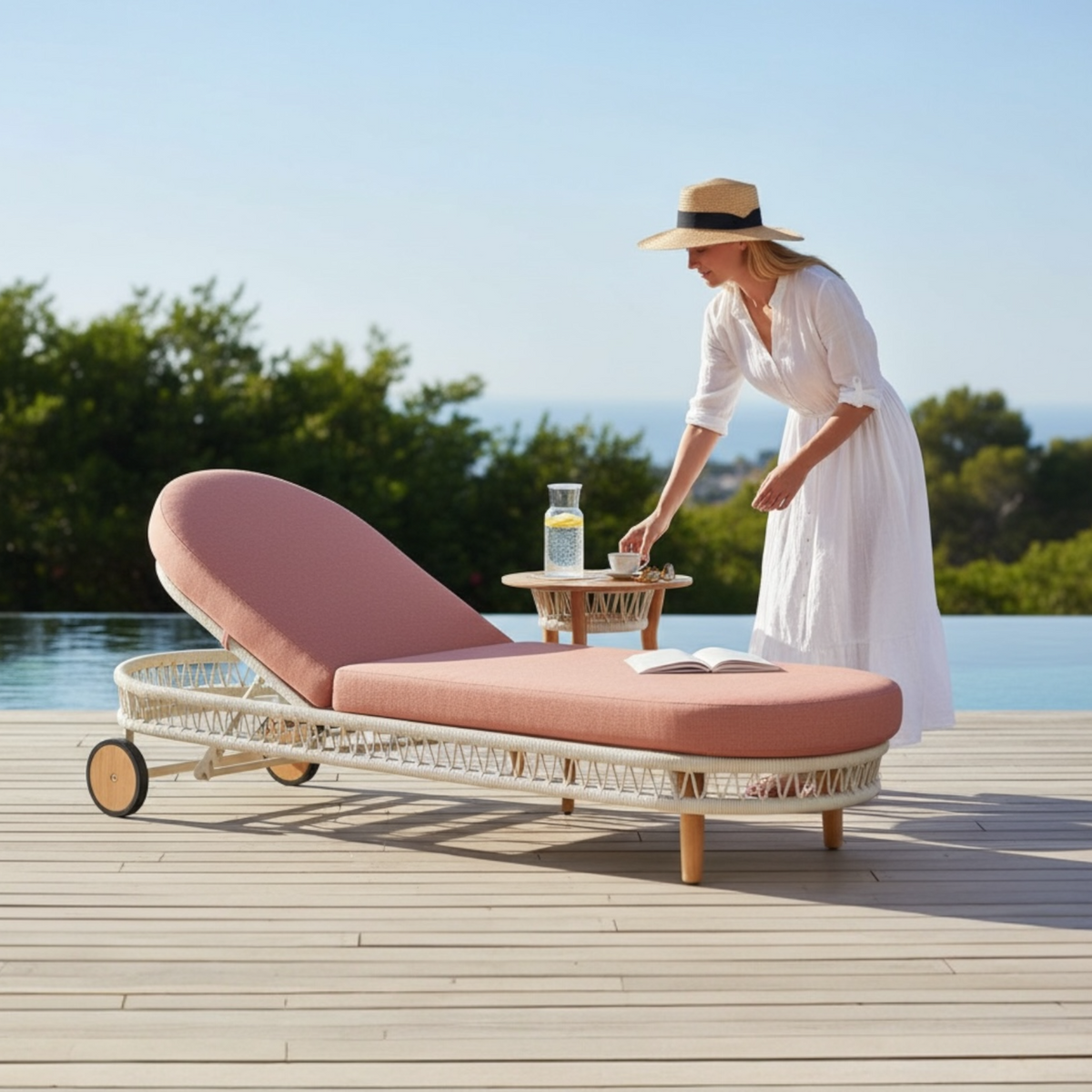 Rose rope and aluminum chaise lounge with pink cushion – shown outdoors (2)