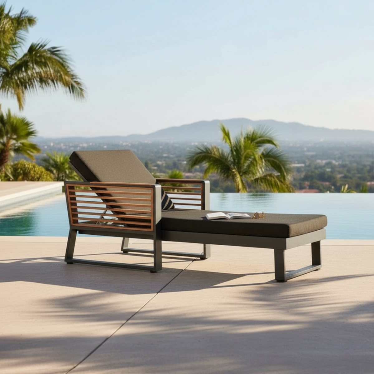 Cofy cushioned aluminum and teak chaise lounge – shown outdoors