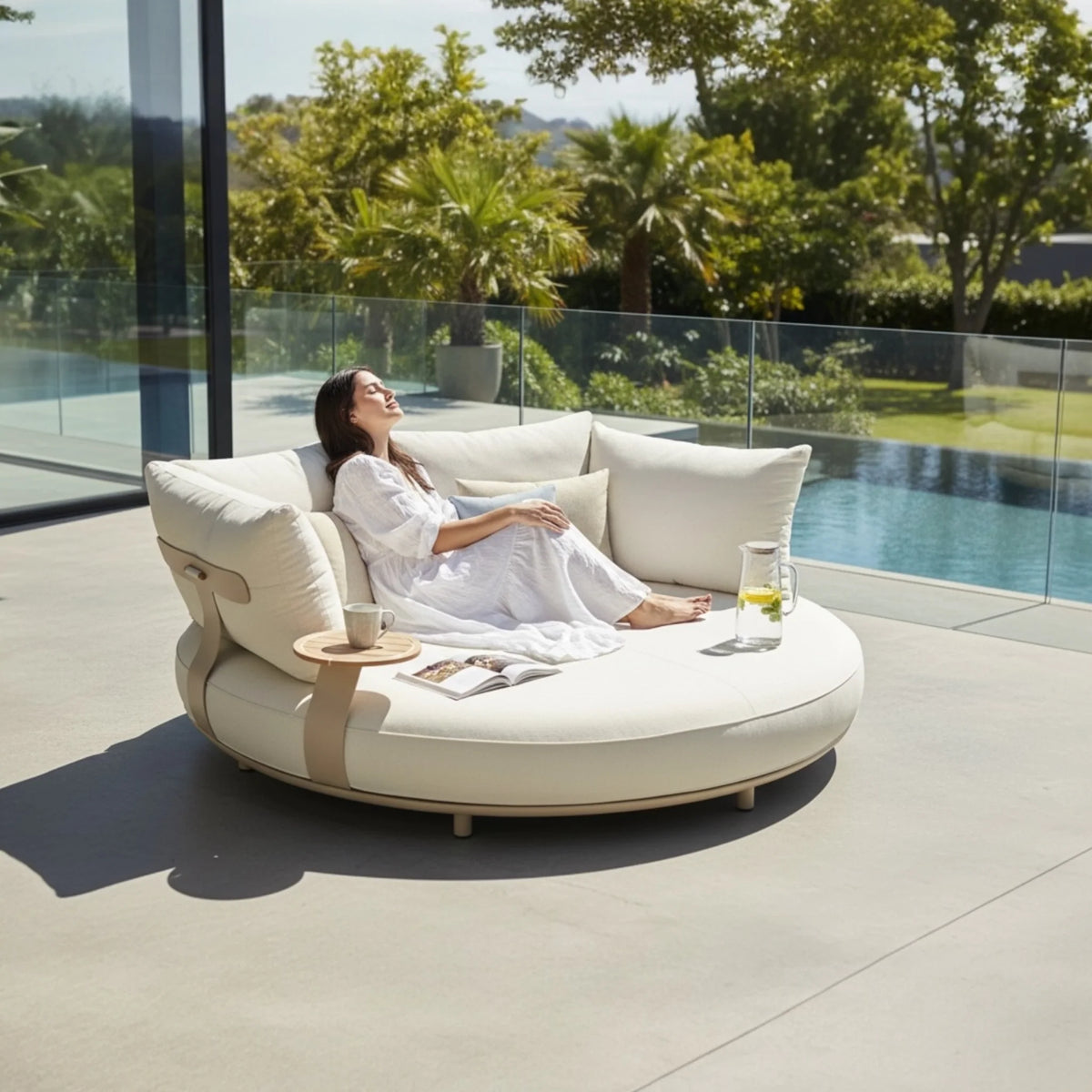 Elyo round beige aluminum pool bed – shown outdoors (2)