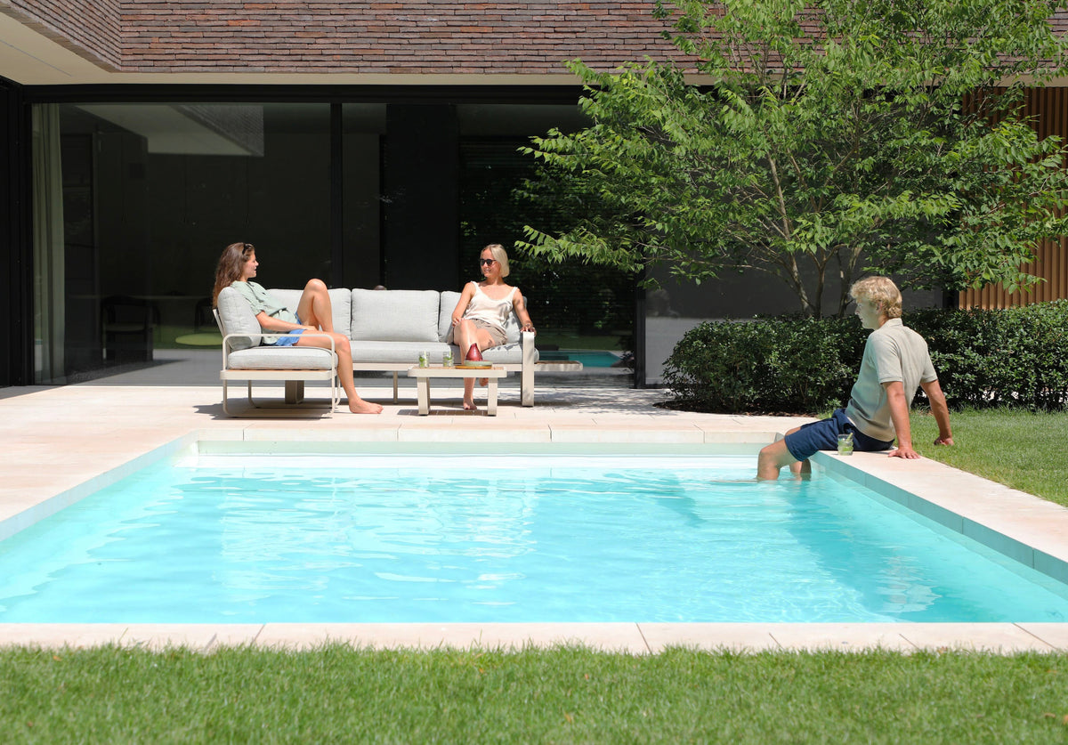 Emilia beige aluminum and teak modular outdoor sectional – shown outdoors (6)