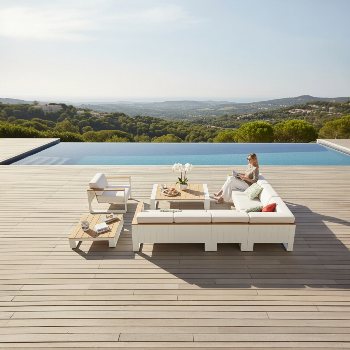 Sofy white aluminum and teak modular outdoor sectional – shown outdoors (2)