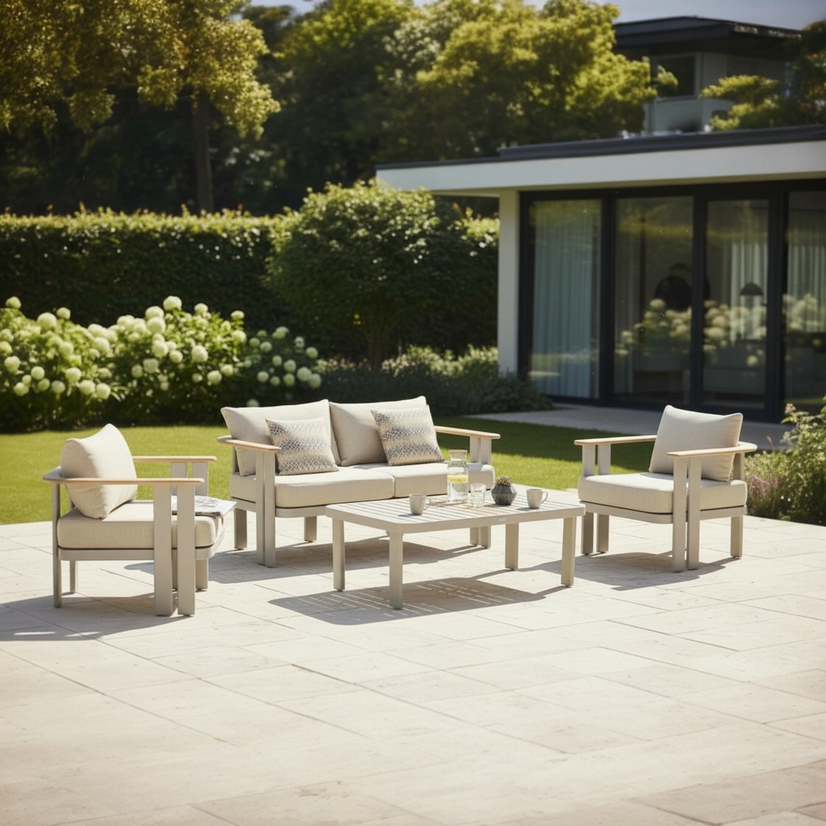 Elon 4-seat aluminum patio conversation set with padded cushions – shown outdoors