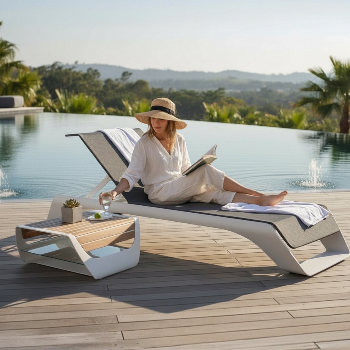 Onda white aluminum pool lounger with teak side table – shown outdoors