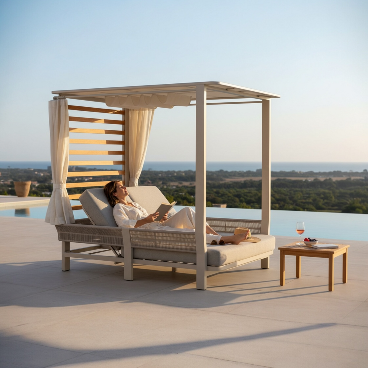 Olby aluminum and rope double pool bed with canopy – shown outdoors (2)