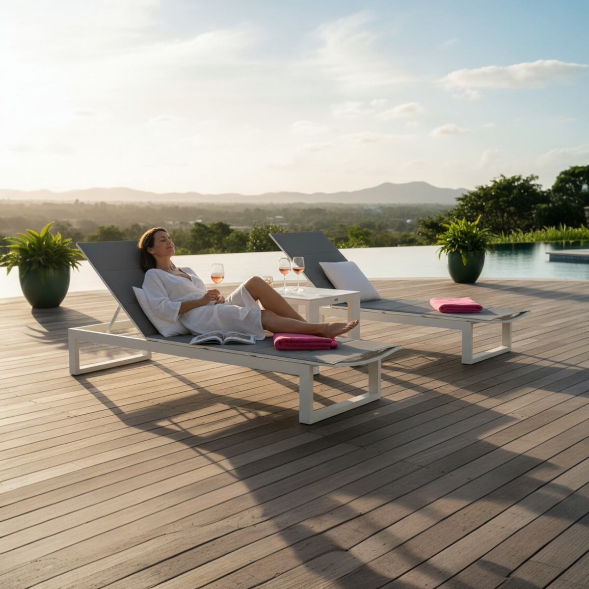 Como white and gray chaise lounge set of two with coffee table – shown outdoors (3)