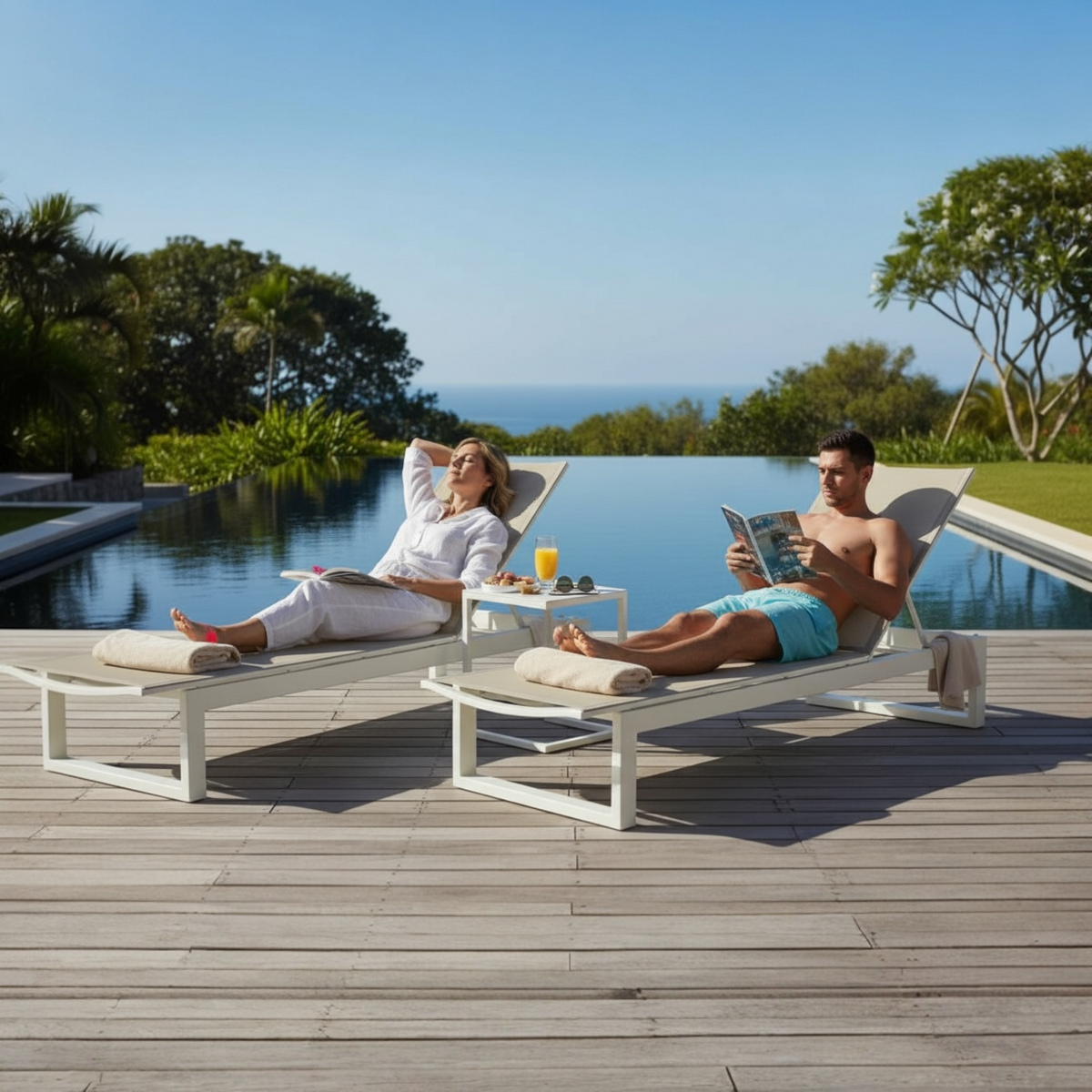 Como taupe chaise lounge set of two with side table – shown outdoors