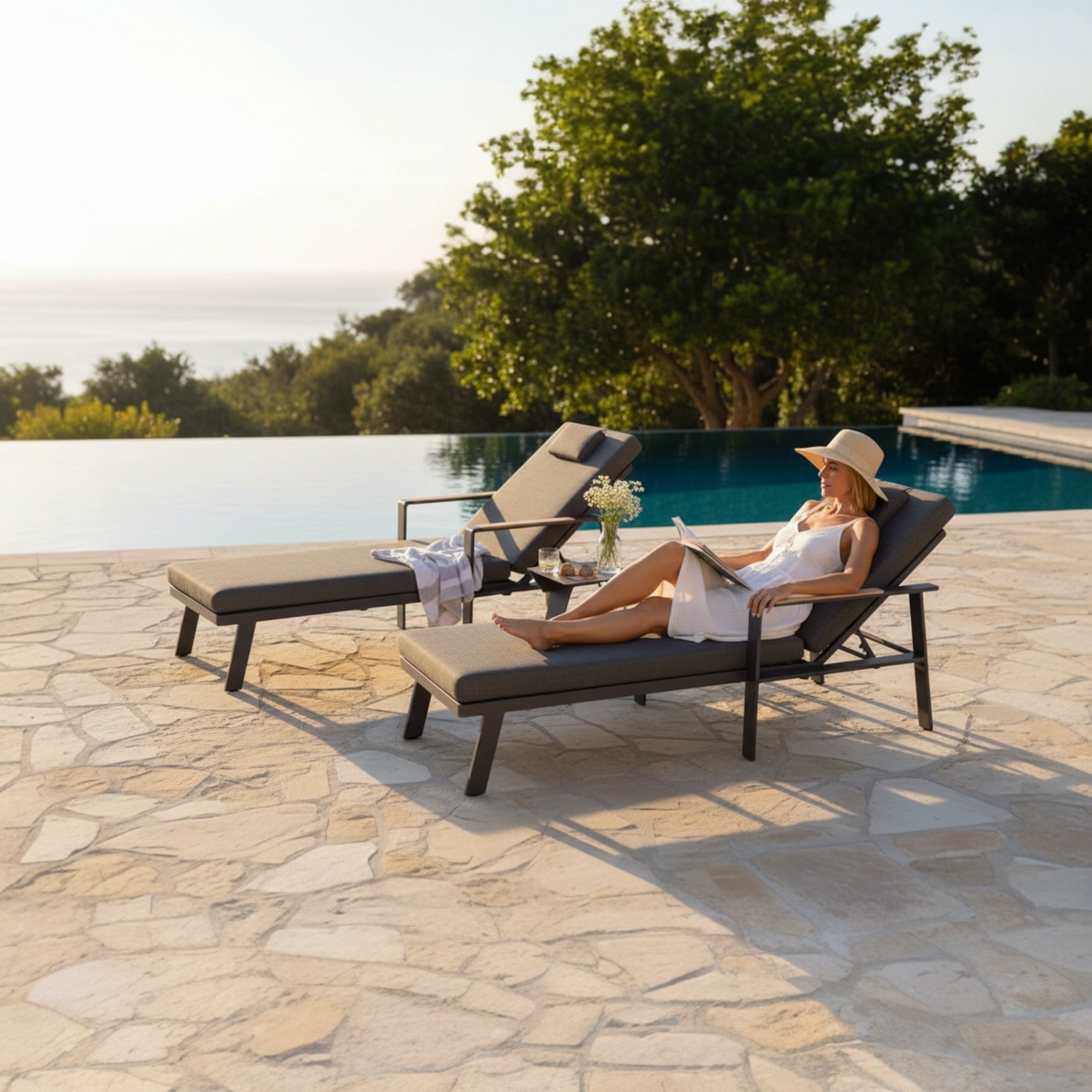 Noffy black aluminum and teak chaise lounges, set of 2 with side table – shown outdoors