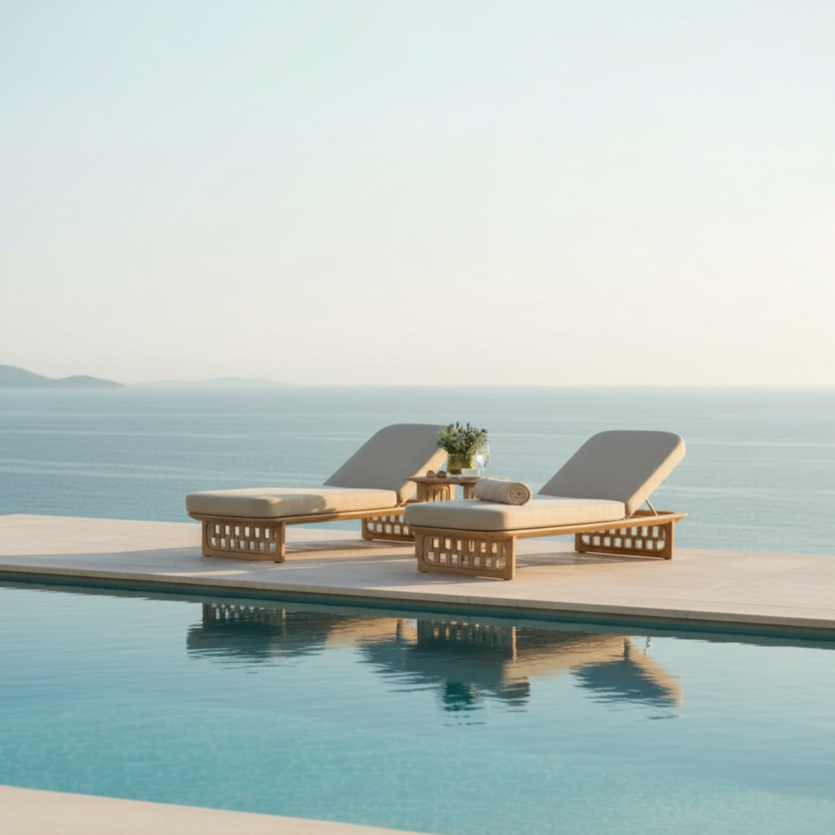 Palma teak and rope chaise lounges, set of 2 with side table – shown outdoors