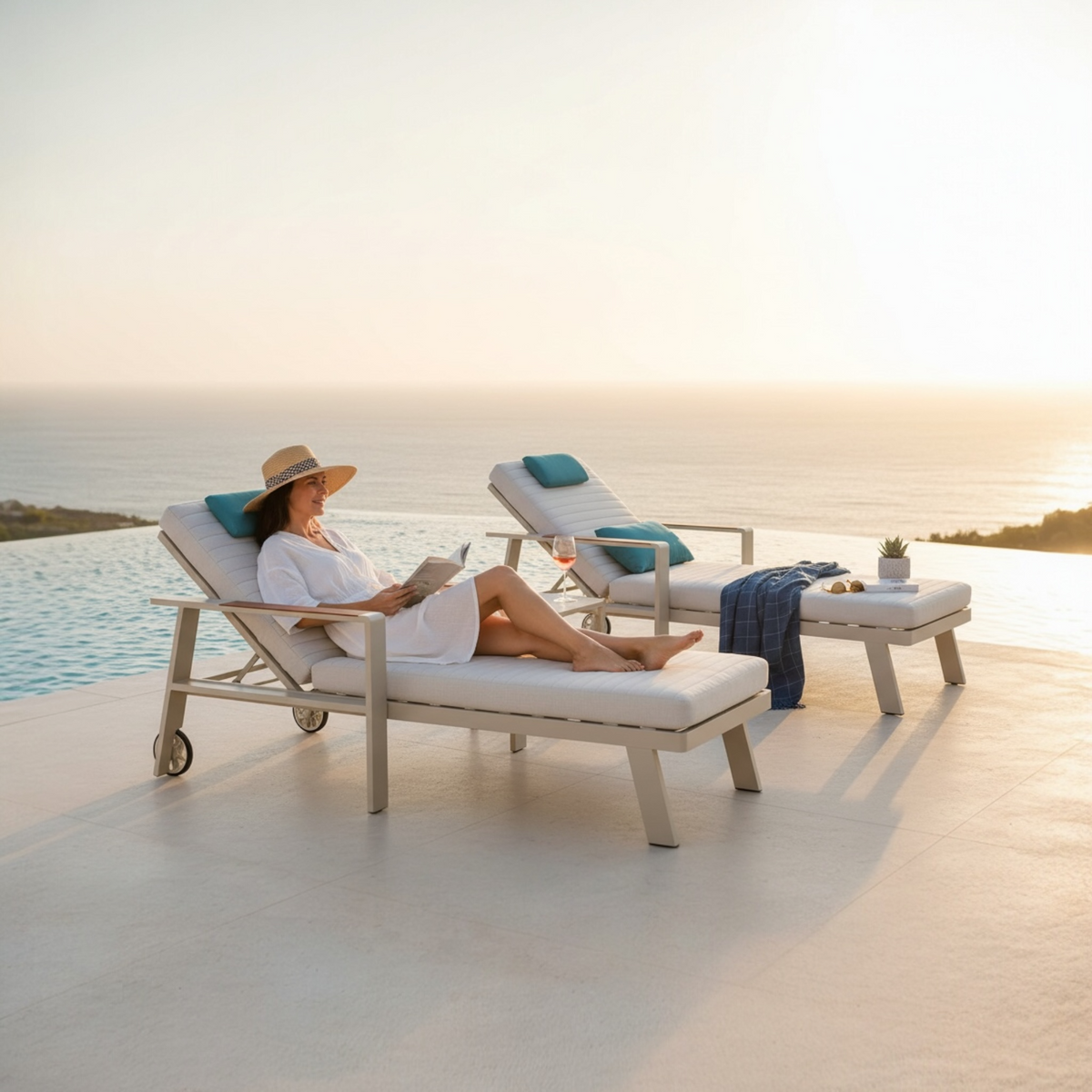 Noffy beige aluminum chaise lounge with wheels – shown outdoors