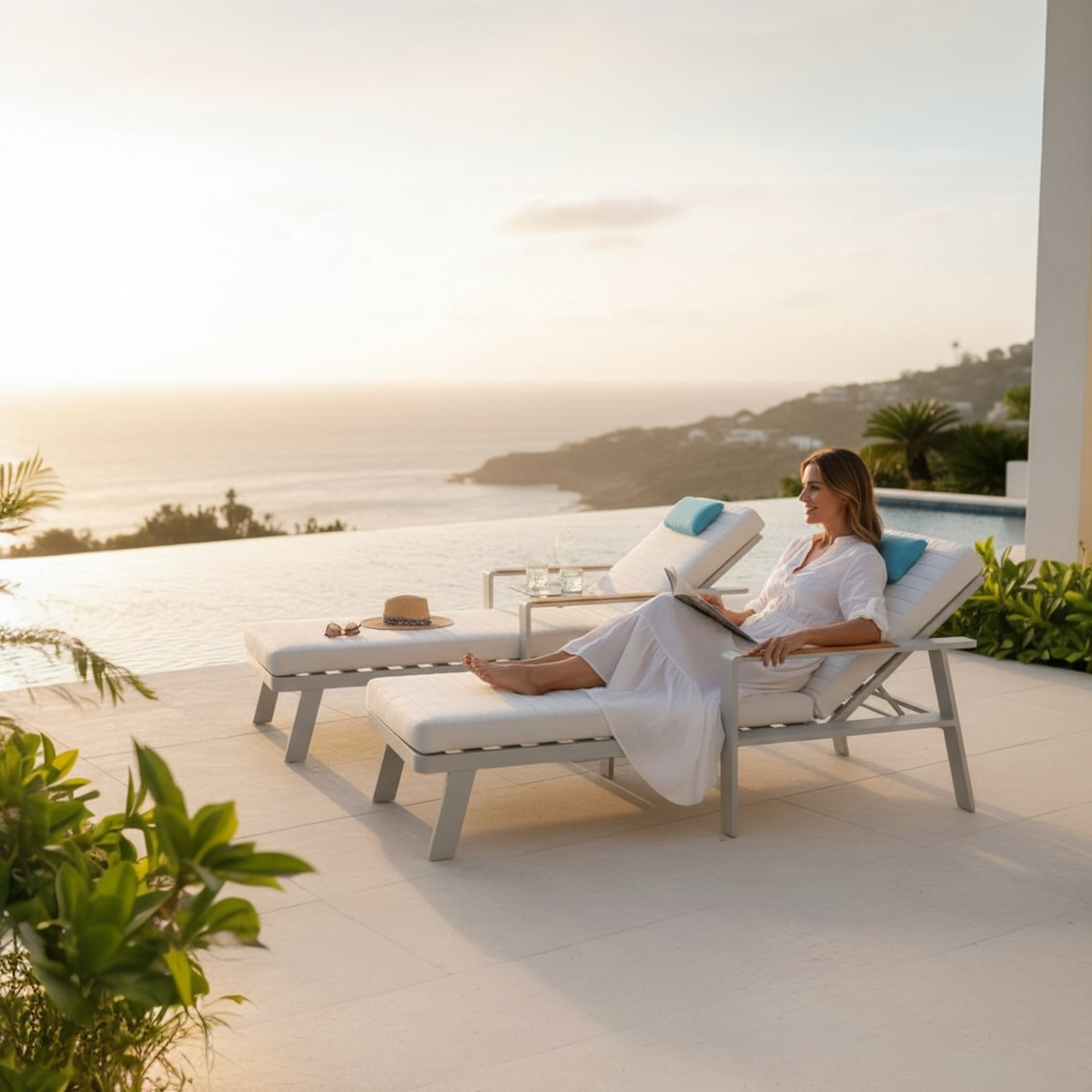 Noffy beige aluminum chaise lounge set of two with side table – shown outdoors