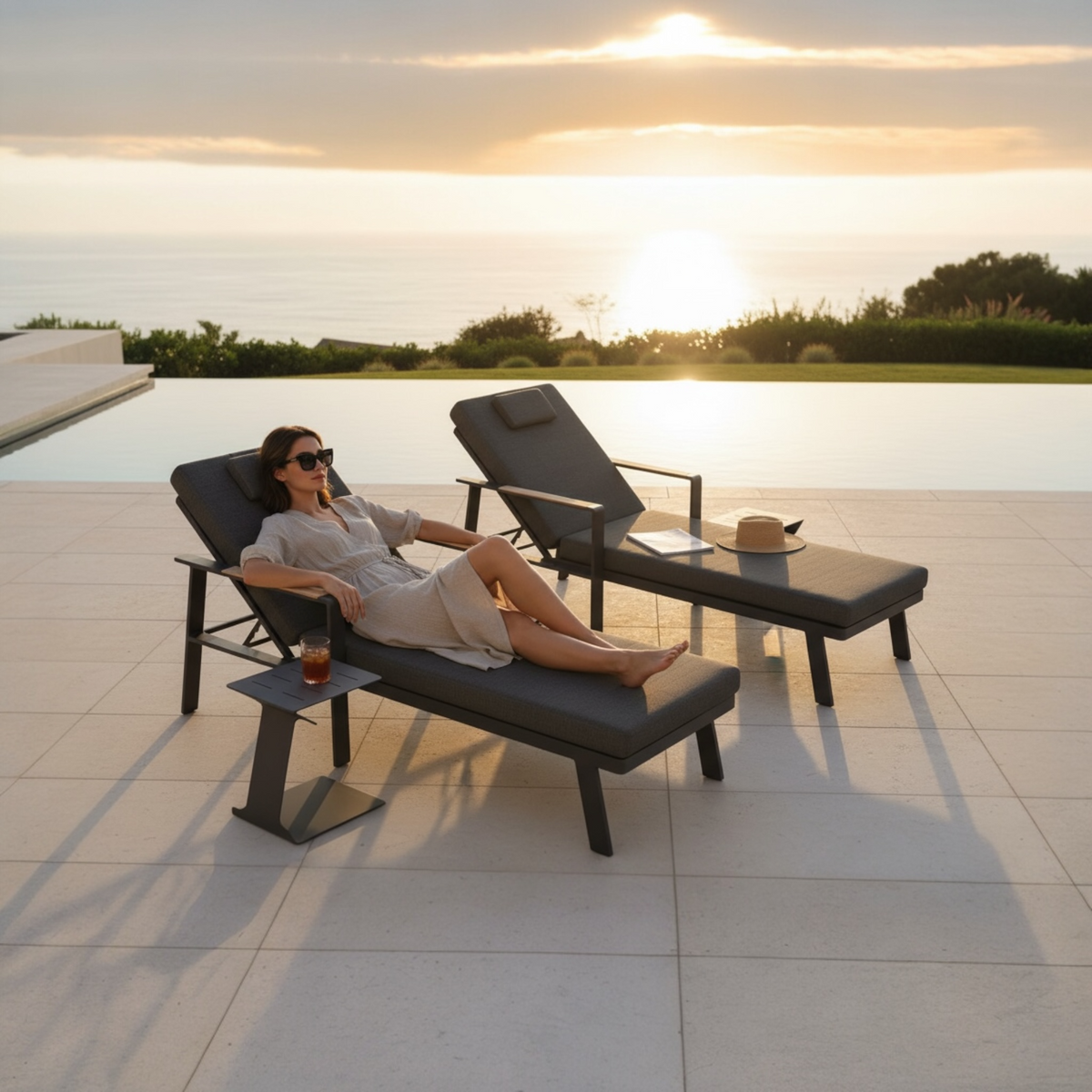Noffy black aluminum and teak chaise lounges, set of 2 with side table – shown outdoors (2)