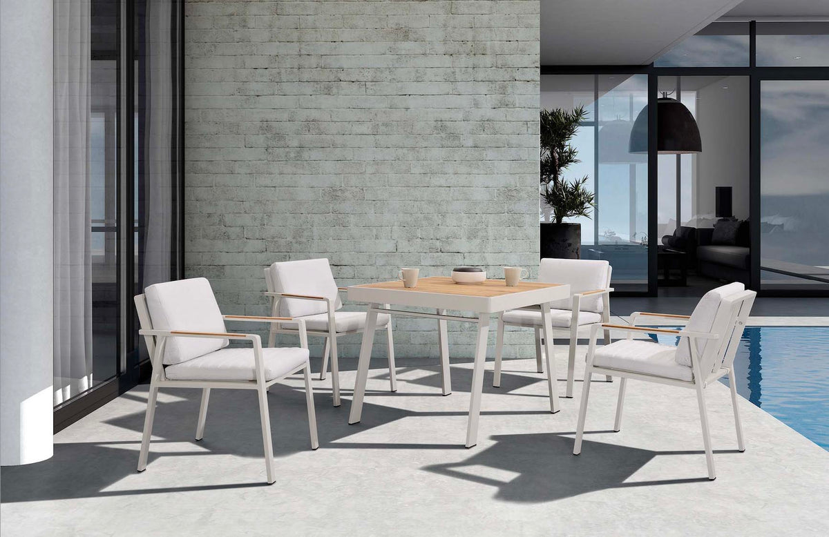 Noffy compact square aluminum and teak dining set for four – shown outdoors (3)