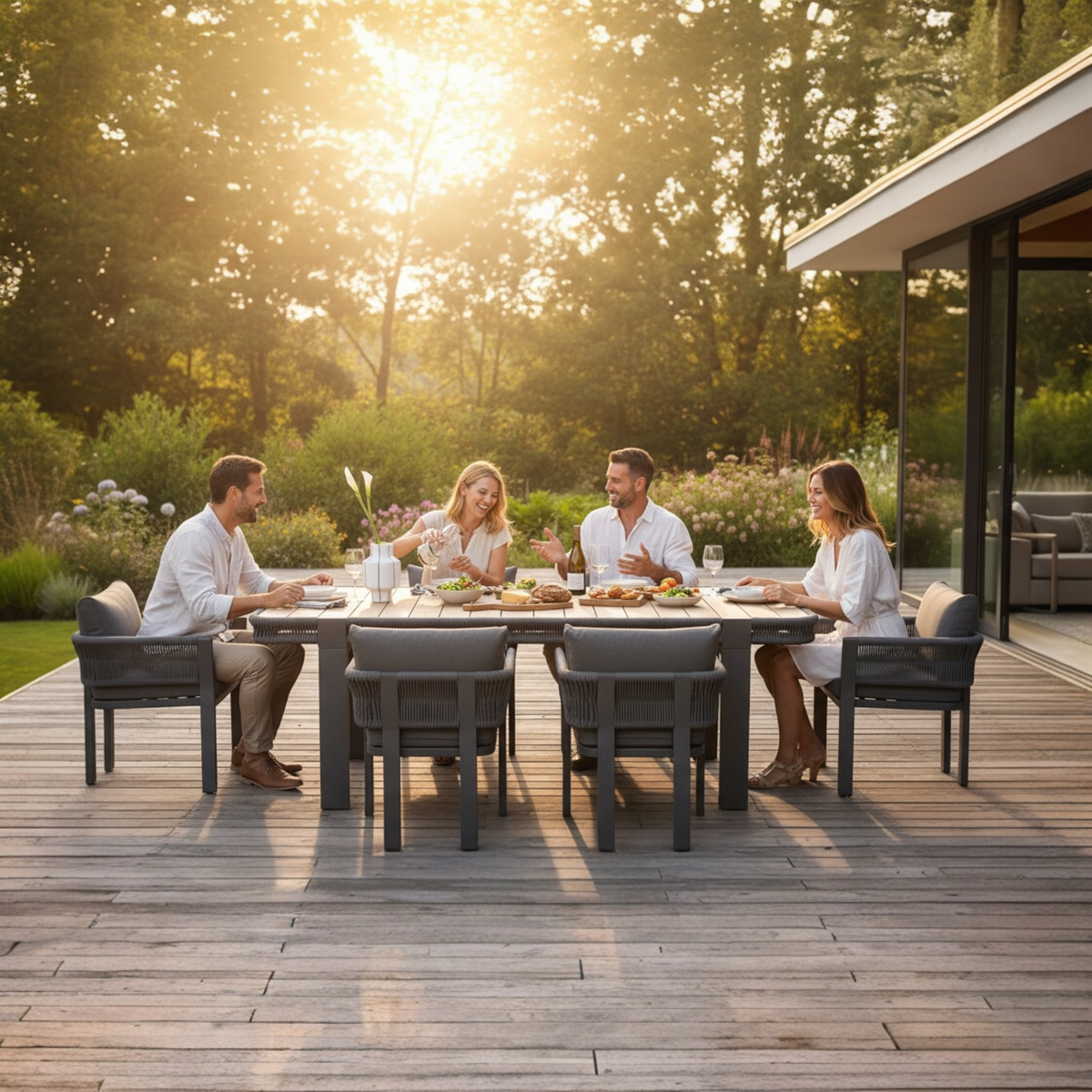 Olby black rope outdoor dining set with six armchairs and teak table – shown outdoors (2)