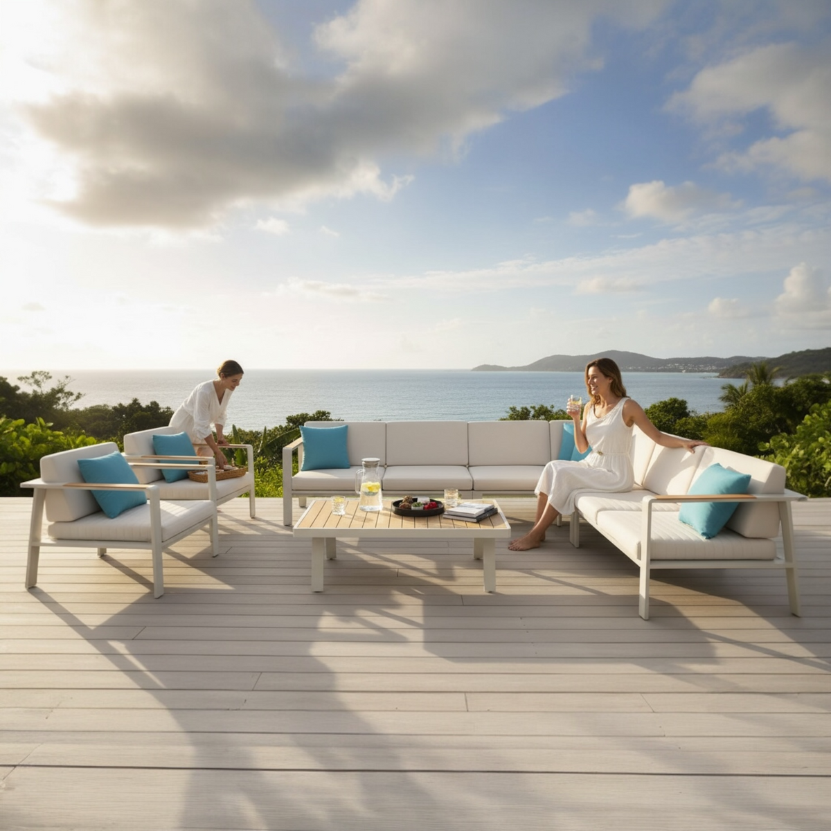 Noffy Cosy Plus large aluminum and teak outdoor corner sofa set – shown outdoors (2)