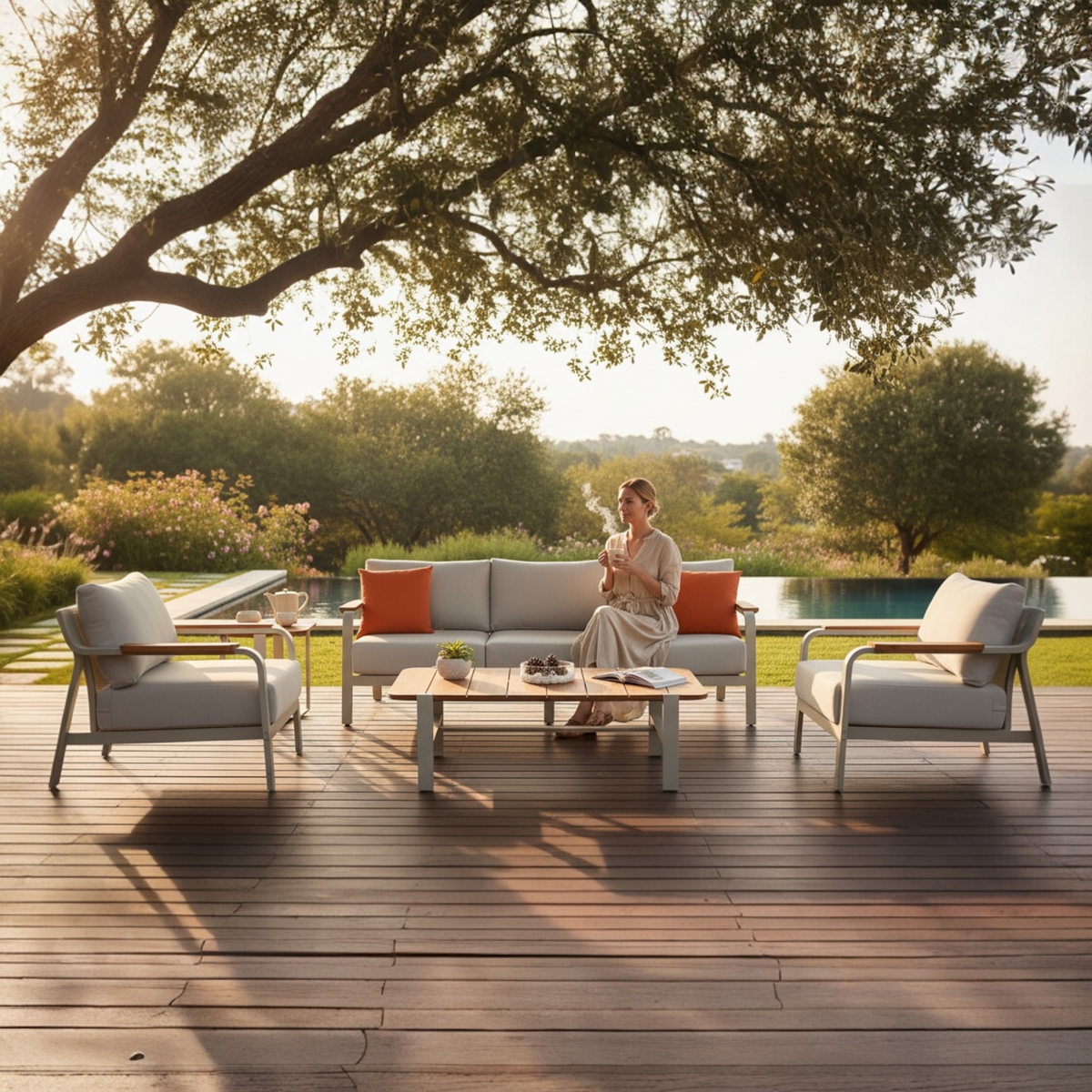 Viscounti cream aluminum and teak patio set with openwork backs – shown outdoors (2)