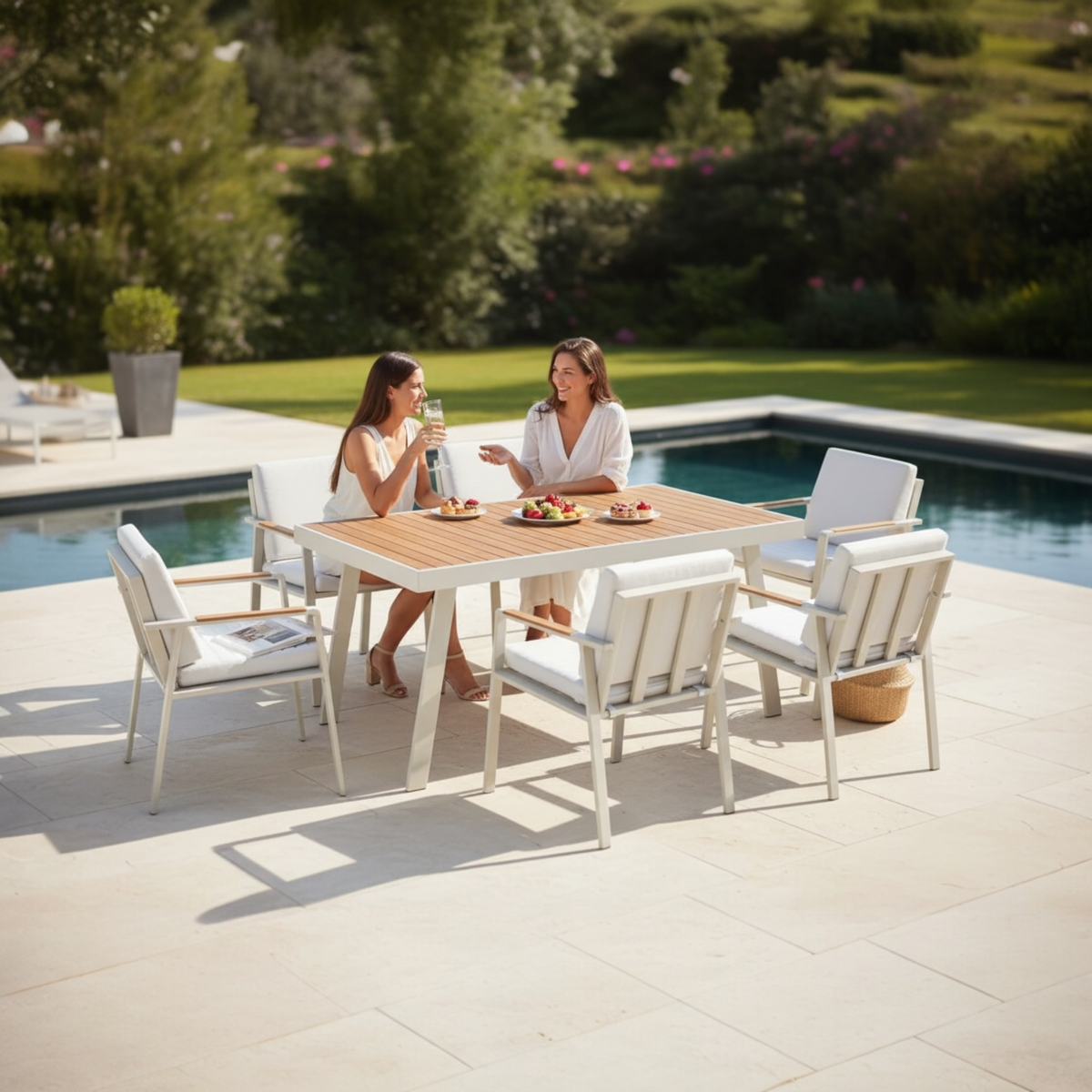 Noffy 6-seat aluminum and teak outdoor dining set – shown outdoors (2)
