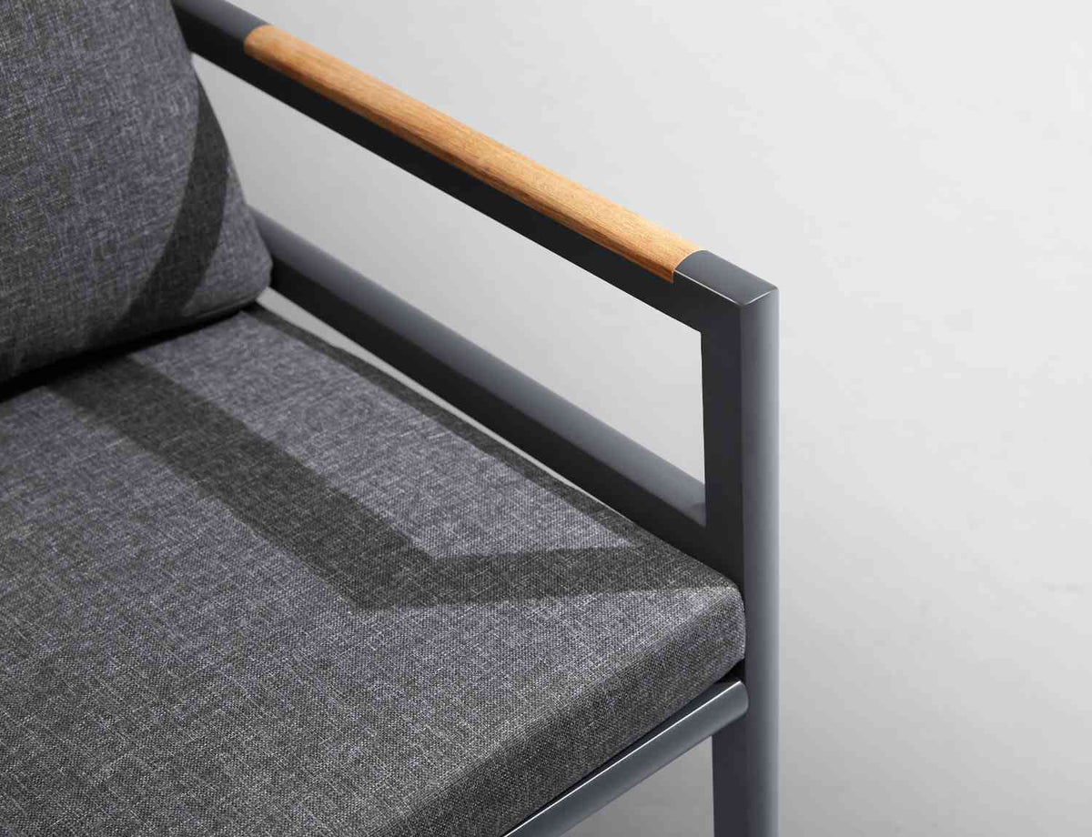 Armchair from the Gloria square aluminum and teak patio dining set for four – close-up detail