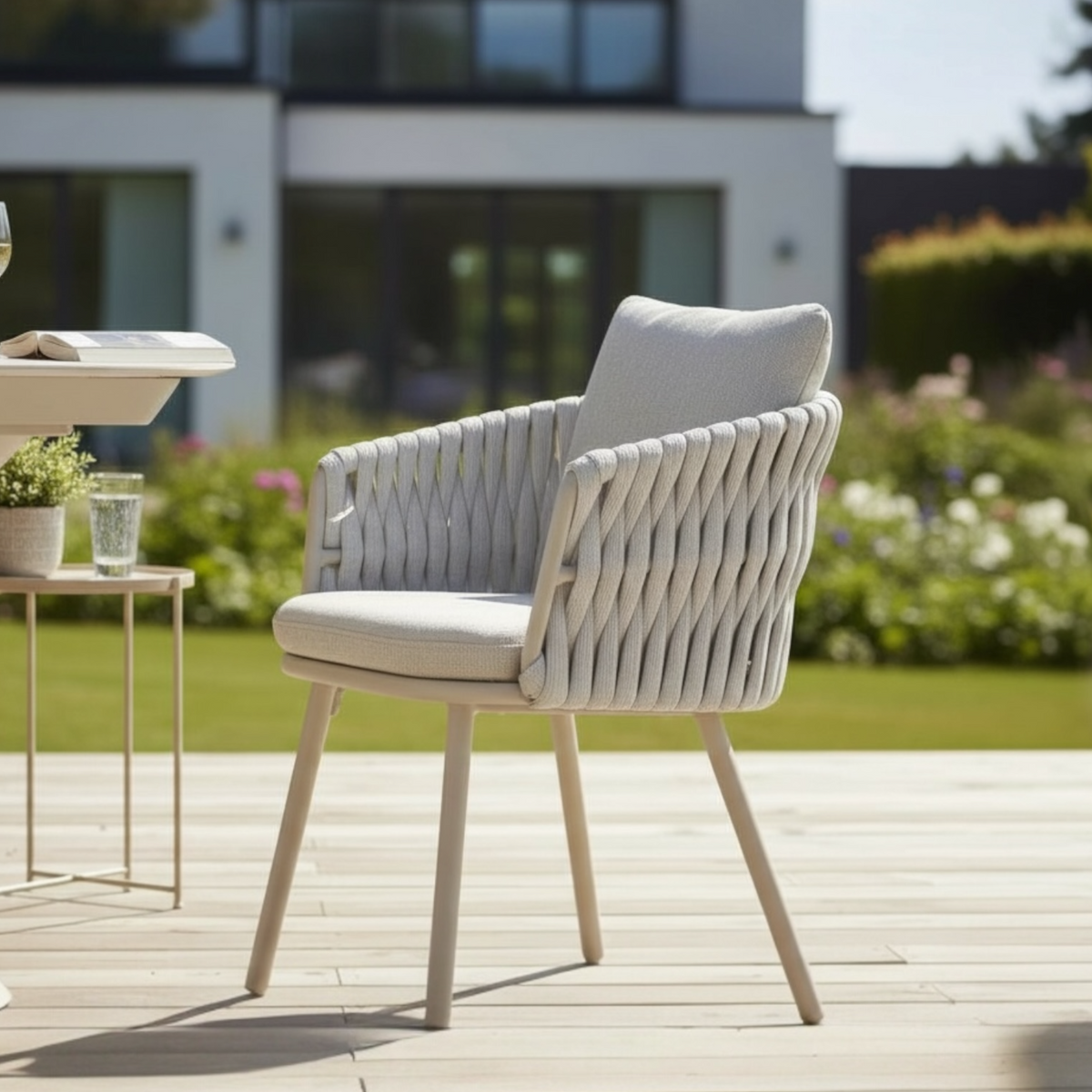 Livio beige aluminum and rope outdoor dining armchair – shown outdoors