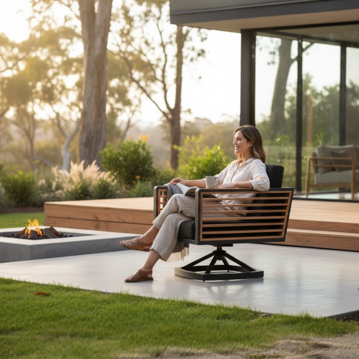 Cofy aluminum and teak swivel armchair – shown outdoors