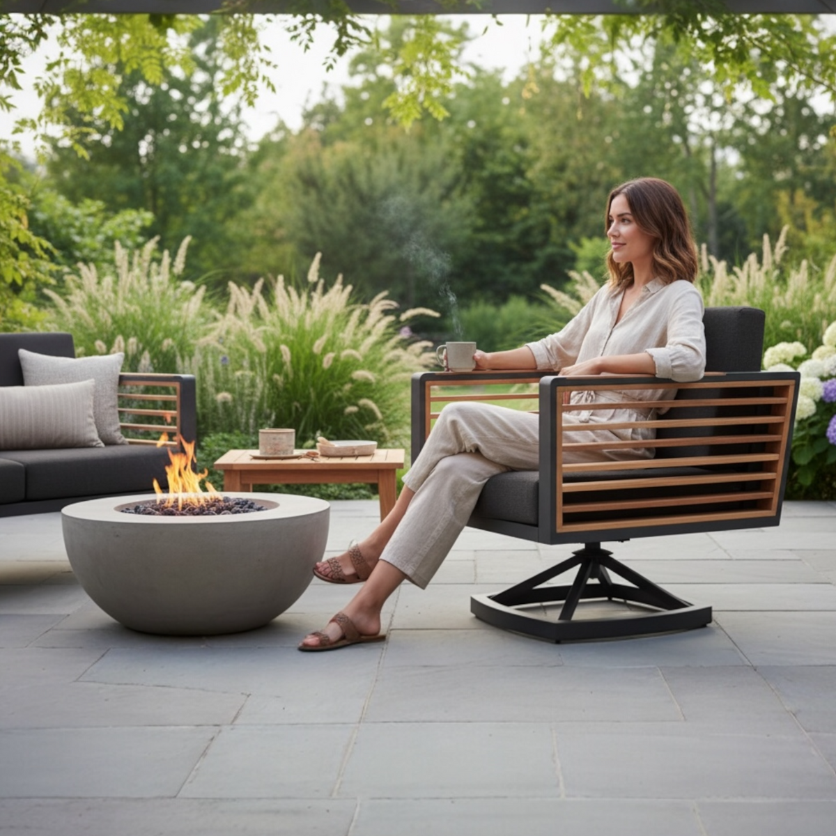 Cofy aluminum and teak swivel armchair – shown outdoors (2)
